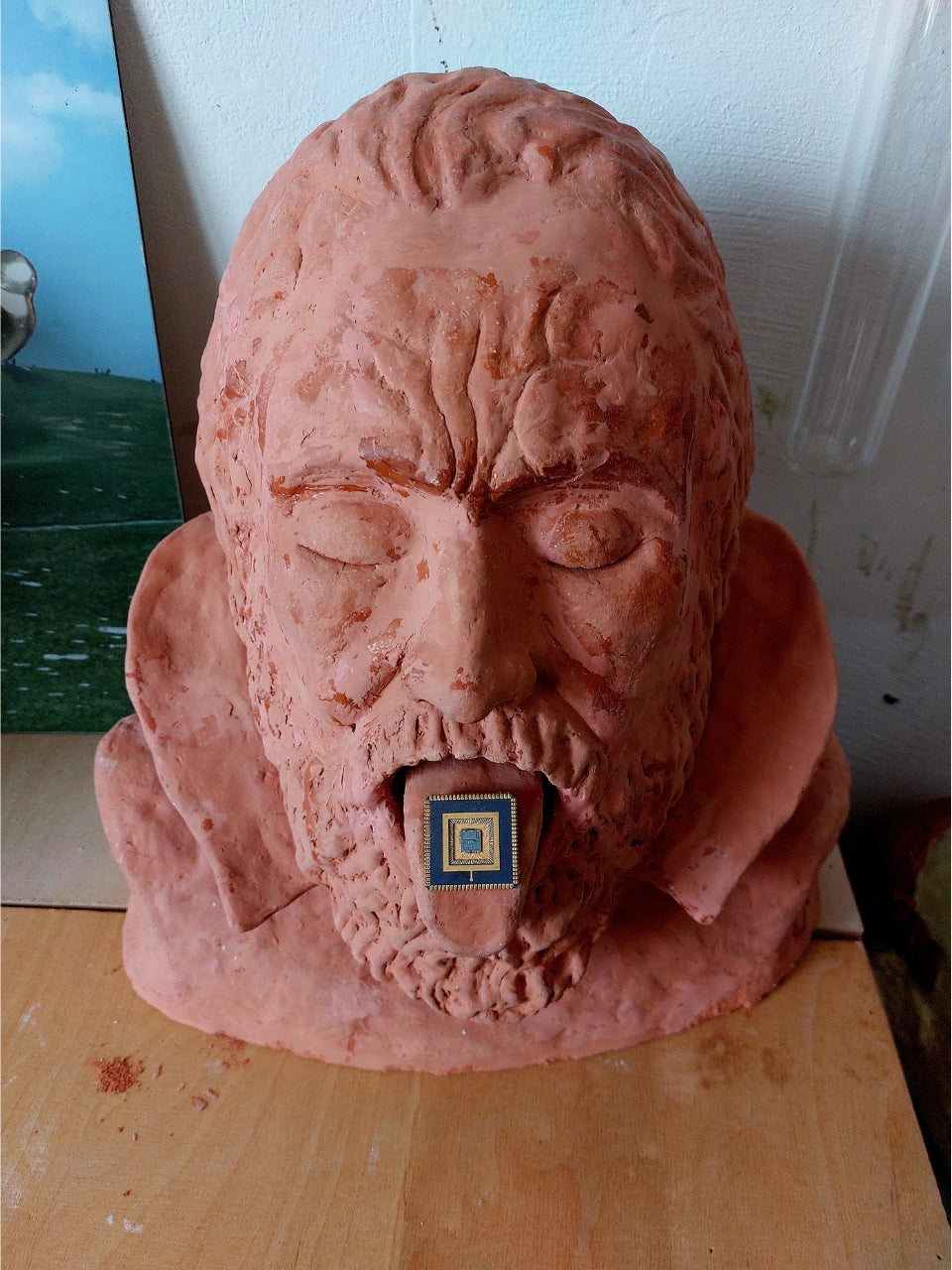 Skulptur von Amos Plaut (FEMARTSPACE): Eine unfertige, terrakottafarbene Tonbüste eines bärtigen Mannes mit geschlossenen Augen und leicht geöffnetem Mund. Zwischen seinen Lippen steckt ein kleines, quadratisches Objekt mit einem blauen und goldenen, geometrischen Muster. Die Büste steht auf einer hellen Holzoberfläche. Im Hintergrund sind unscharf weitere Ateliergegenstände und ein Teil eines Gemäldes zu erkennen.