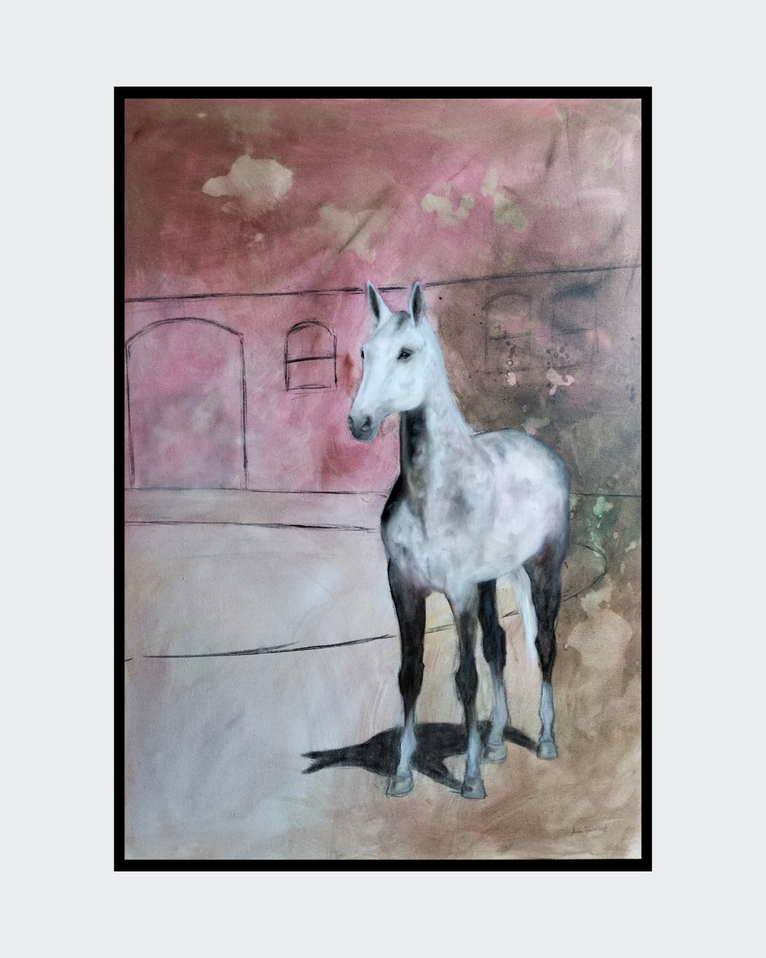 Pferd auf dem Reitplatz - Gemälde von Anke Dinkelbach
Dieses atmosphärische Gemälde zeigt ein hellgraues Pferd auf einem Reitplatz. Die Künstlerin Anke Dinkelbach fängt die ruhige Stimmung und die Eleganz des Tieres in Pastelltönen ein. Erhältlich bei FemArtSPACE.