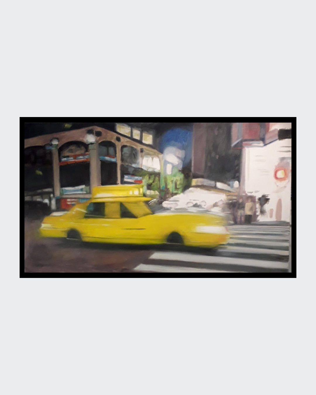 Ein abstraktes Ölgemälde auf Leinwand von Anke Dinkelbach, das ein New Yorker Taxi in leuchtenden Farben darstellt. Die dynamische Komposition fängt die Energie und den Trubel der Großstadt ein. Bei FemArtSPACE.