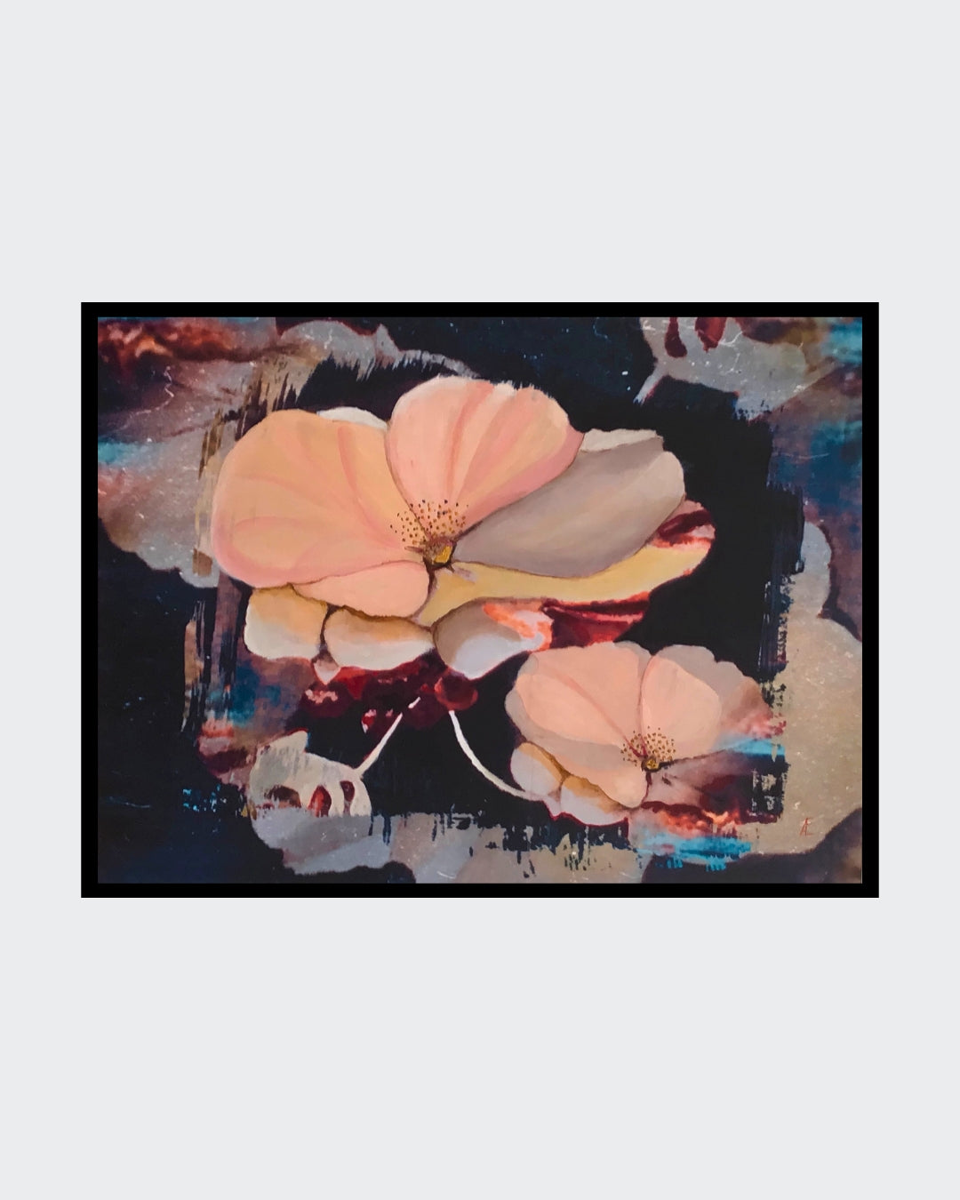 Abstraktes Gemälde mit dem Titel "Apfelblüten". Es zeigt in leuchtenden Farben die Blüten von Apfelbäumen in einer dynamischen Komposition. Das Bild ist in Mixed Media auf Leinwand gemalt und misst 60x80 cm.