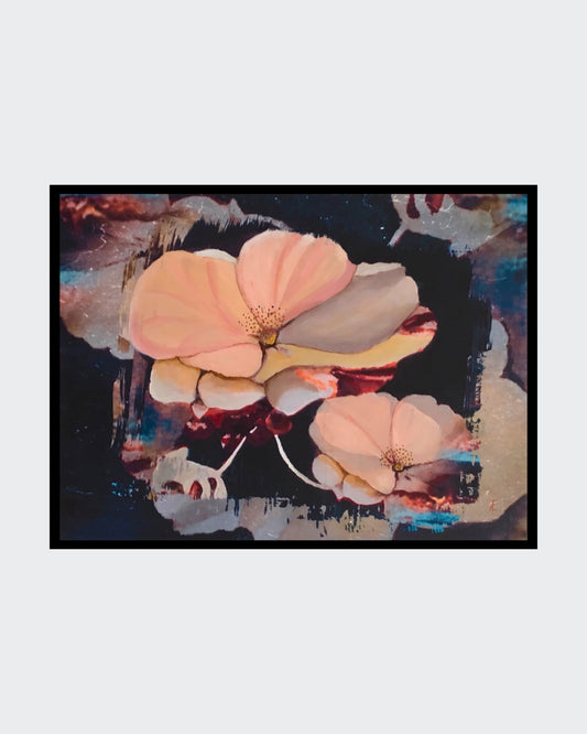 Abstraktes Gemälde mit dem Titel "Apfelblüten". Es zeigt in leuchtenden Farben die Blüten von Apfelbäumen in einer dynamischen Komposition. Das Bild ist in Mixed Media auf Leinwand gemalt und misst 60x80 cm.