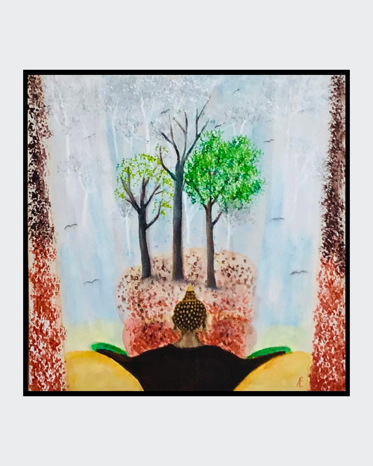 Ein Acrylgemälde auf Leinwand mit dem Titel "Buddhas Seasons" von Claudia Altemeier. Das Gemälde zeigt eine abstrakte Darstellung von Buddha-Motiven in verschiedenen Farben, die die vier Jahreszeiten symbolisieren. Die Leinwand misst 50x50 cm.