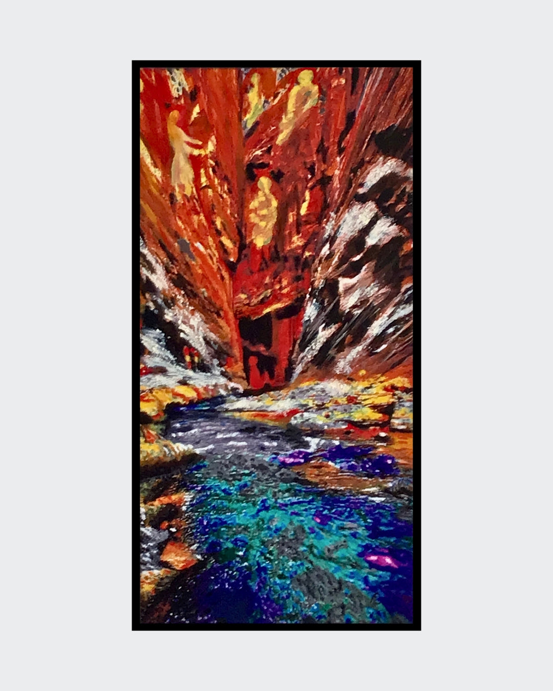 in abstraktes Gemälde in Mixed Media auf Leinwand von Claudia Altemeier mit dem Titel "Geisterklamm". Das Bild zeigt eine mystische Landschaft in warmen Farben mit dynamischen Strukturen.