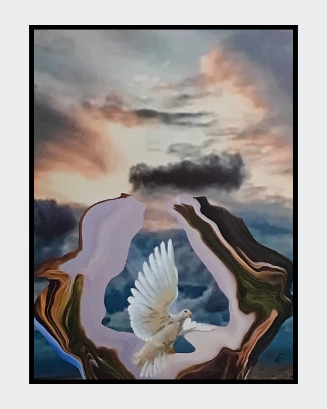 Ein surreales Gemälde, das eine weiße Taube mit ausgebreiteten Flügeln in einem abstrakten, höhlenartigen Rahmen zeigt, der aus erdfarbenen und lavendelfarbenen Wirbeln besteht. Im Hintergrund ist ein dramatischer Himmel mit rosafarbenen und grauen Wolken zu sehen, der eine Atmosphäre von Hoffnung und Geborgenheit vermittelt.