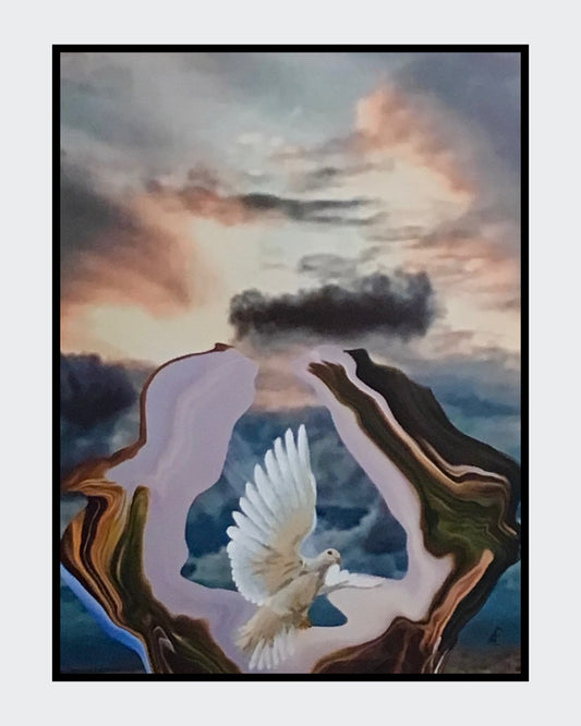 Ein surreales Gemälde, das eine weiße Taube mit ausgebreiteten Flügeln in einem abstrakten, höhlenartigen Rahmen zeigt, der aus erdfarbenen und lavendelfarbenen Wirbeln besteht. Im Hintergrund ist ein dramatischer Himmel mit rosafarbenen und grauen Wolken zu sehen, der eine Atmosphäre von Hoffnung und Geborgenheit vermittelt.