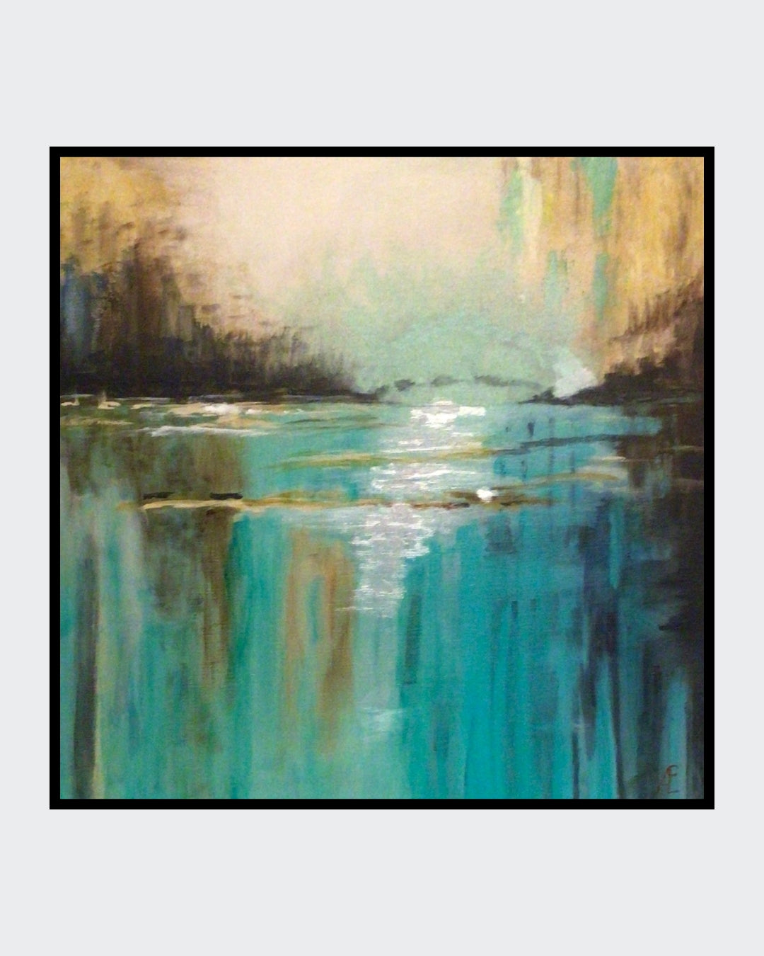 "Abendstimmung am See" – Abstraktes Acrylgemälde von Claudia Altemeier (50x50 cm) mit dunklen Ufern, türkisblauem Wasser und reflektierendem Licht.