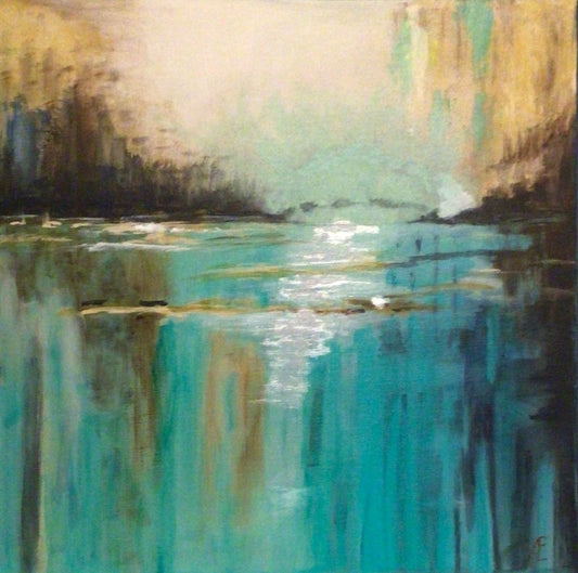 "Abendstimmung am See" – Abstraktes Acrylgemälde von Claudia Altemeier (50x50 cm) mit dunklen Ufern, türkisblauem Wasser und reflektierendem Licht.
