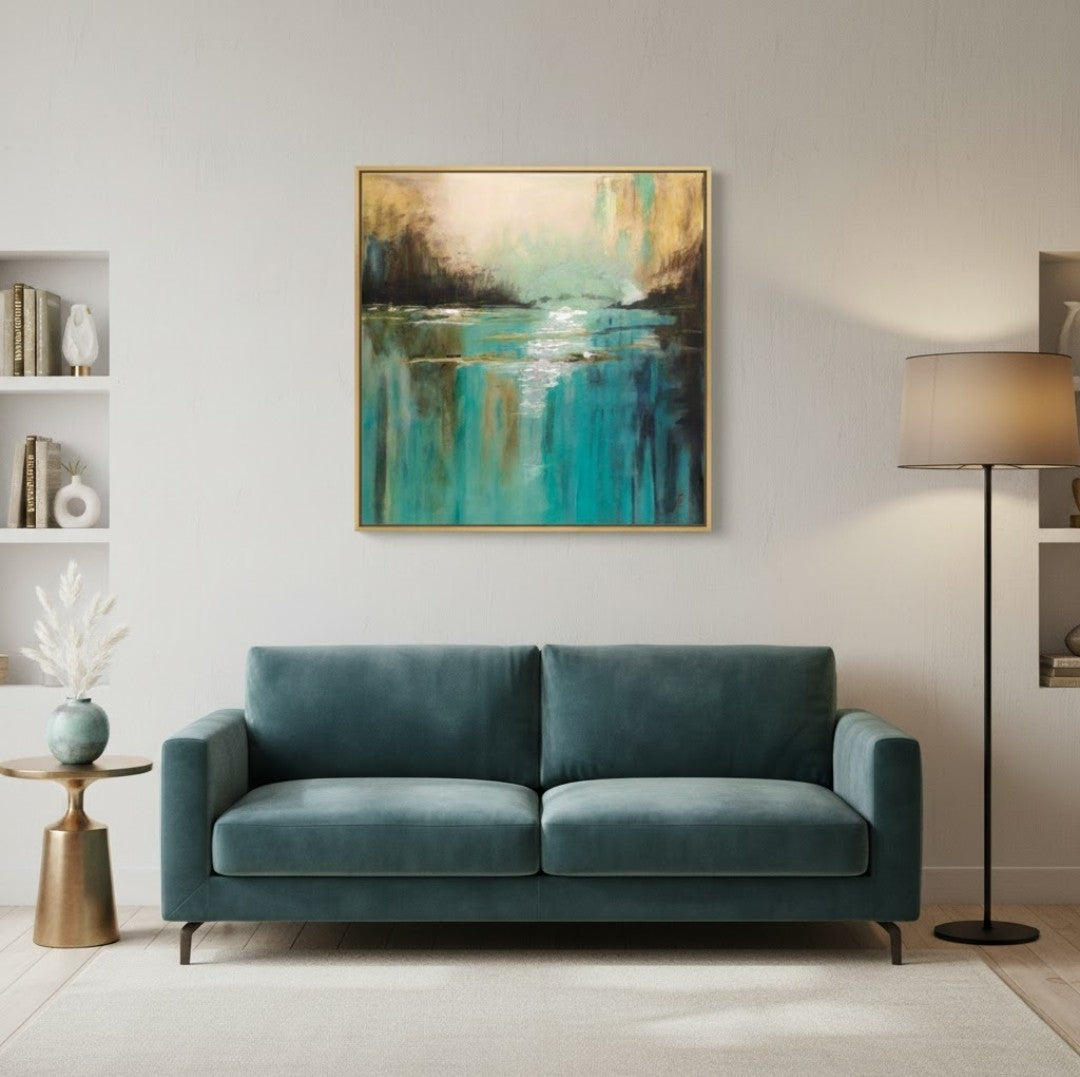 "Abendstimmung am See" – Abstraktes Acrylgemälde von Claudia Altemeier (50x50 cm) mit dunklen Ufern, türkisblauem Wasser und reflektierendem Licht.