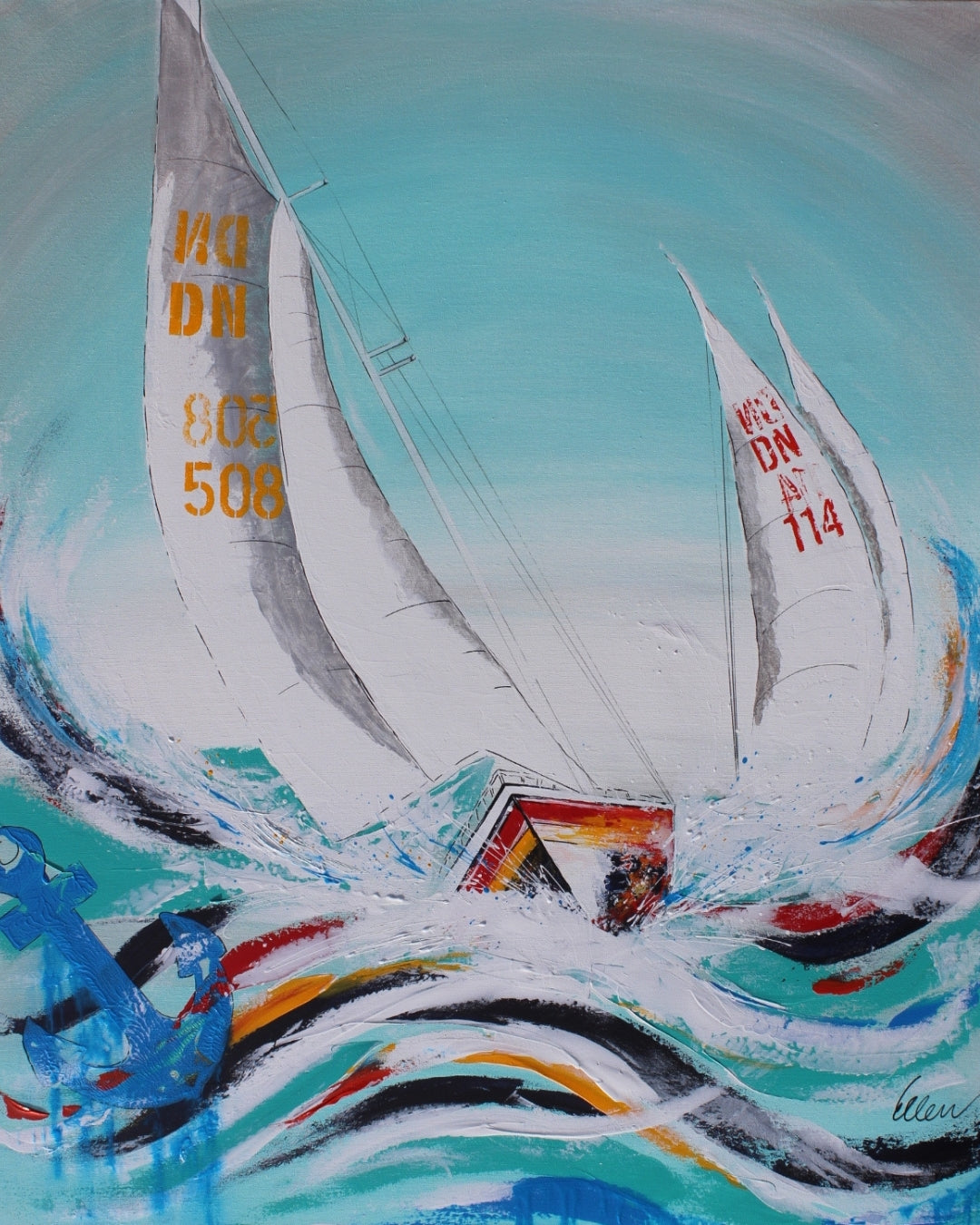 Ein kraftvolles, abstraktes Gemälde von Ellen Rethemeier, das die unbändige Kraft des Meeres einfängt. Zwei Segelboote kämpfen sich durch hohe Wellen, während der Wind ihre Segel bläht. Die Farben sind kräftig und dynamisch, mit viel Weiß und Blau, um die Gischt und den Himmel darzustellen. Erhältlich bei FEMARTSPACE, Online-Galerie.