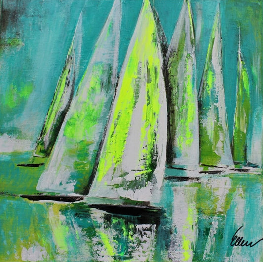 „viva la viva“ ist ein 50 x 50 cm großes Acrylgemälde mit abstrakt dargestellten Segelbooten von Ellen Rethemeier, das in lebendigen Grün- und Neonfarben leuchtet. Die dynamischen Farbschichten erzeugen eine kraftvolle und energetische Ausstrahlung, die den Betrachter in eine lebendige, fröhliche Atmosphäre eintauchen lässt. Erhältlich in der Online-Galerie FEMARTSPACE.