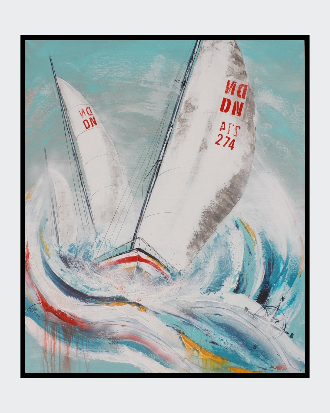 Ein kraftvolles, abstraktes Gemälde von Ellen Rethemeier, das die unbändige Kraft des Meeres einfängt. Zwei Segelboote kämpfen sich durch hohe Wellen, während der Wind ihre Segel bläht. Die Farben sind kräftig und dynamisch, mit viel Weiß und Blau, um die Gischt und den Himmel darzustellen. Erhältlich bei FEMARTSPACE, Online-Galerie.