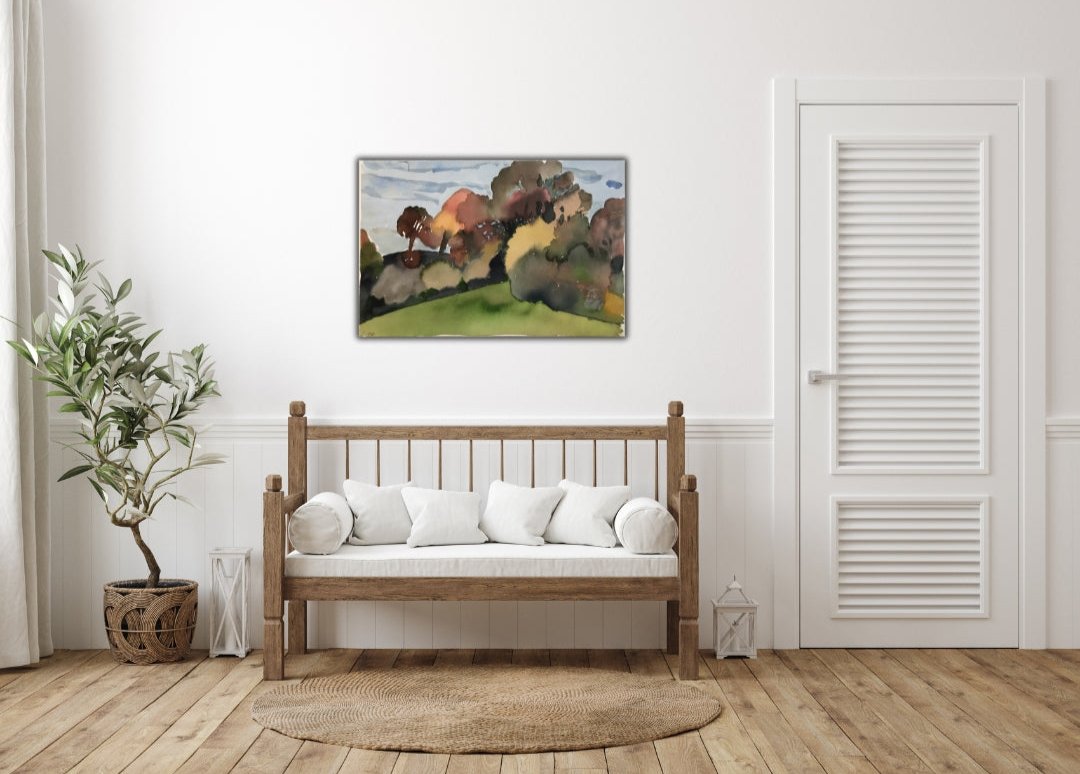 Franz Vornberger, Herbst fränk. Jura, Aquarell, 37 x 52 cm, 1996. Das Werk ist charakteristisch für Vornbergers Spätwerk, in dem er sich verstärkt der Natur und ihrer malerischen Übersetzung widmet. Die reduzierte Formensprache und die expressive Farbgebung verleihen dem Bild eine zeitlose Qualität.