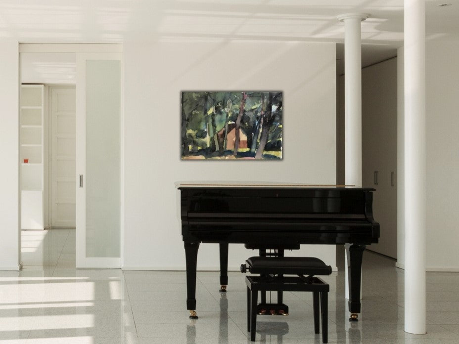 Franz Vornbergers Aquarell 'Bei Spal' ist ein herausragendes Beispiel für seine Spätwerke. Die kraftvolle, pastose Farbführung und die dynamische Komposition zeugen von einer beeindruckenden Sicherheit im Umgang mit dem Medium. Die Reduktion auf das Wesentliche, die für Vornbergers Stil charakteristisch ist, wird hier besonders deutlich. Die dichte Vegetation steht in einem spannungsvollen Verhältnis zu den klaren Formen des Hauses und schafft eine tiefgründige Atmosphäre.