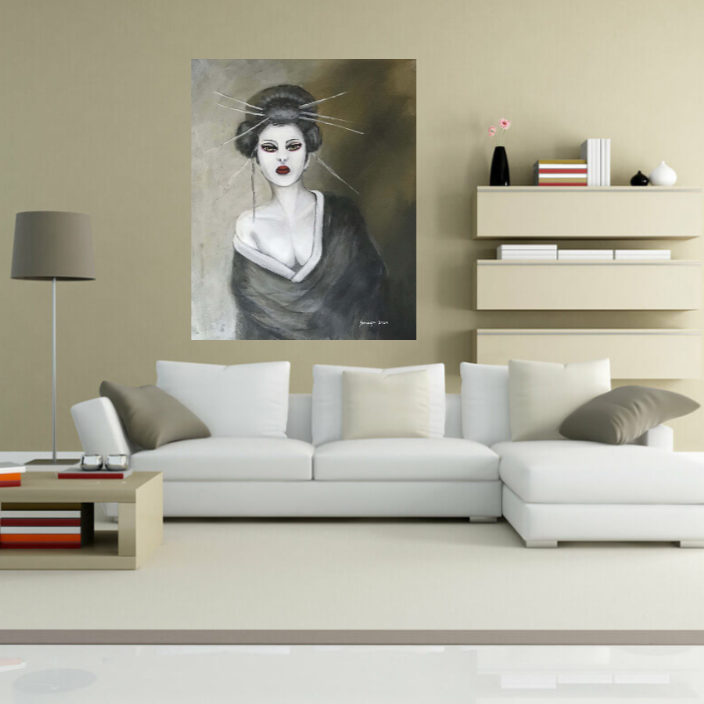 Das Gemälde “Die Geisha” zeigt eine Person von vorne, deren Haar zu einem traditionellen japanischen Stil hochgesteckt ist, mit mehreren herausragenden Haarnadeln. Die Person trägt einen dunklen Kimono mit sichtbarem Ausschnitt, was typisch für das Erscheinungsbild einer Geisha ist. Die Farben sind gedämpft gehalten; Grau-, Schwarz- und Weißtöne dominieren das Bild und schaffen eine ruhige Atmosphäre.