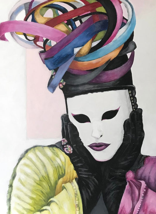 Venezia Nr. 23” von Gabriele Springer ist ein Acrylgemälde auf Leinwand, 80x60 cm groß. Es zeigt eine Person mit Maske von vorne, umgeben von den sanften, pastellartigen Farben und Texturen, die an die romantische Atmosphäre Venedigs erinnern. Die Komposition strahlt Ruhe und Eleganz aus, wobei die Details der Kleidung und der Umgebung sorgfältig ausgearbeitet sind.