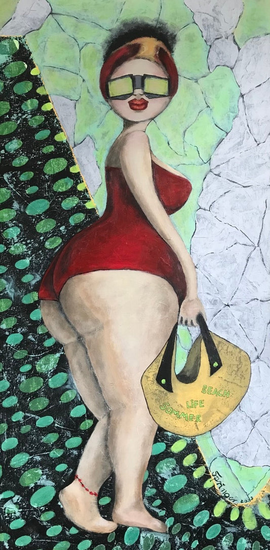 Black and Cool Nr. 13” ist ein Gemälde mit einer zentralen Figur in einem roten Kleid und Sonnenbrille vor einem Hintergrund mit grünen Kreisen und weißen Rissen im Abstrakten Stil gemalt auf Leinwand im Format 100x50 cm