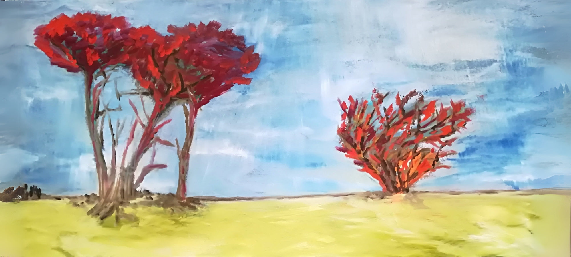 Marlis G. Schills Ölgemälde zeigt drei leuchtend rote Bäume links, einen weiteren rechts, auf gelb-grünem Gras vor blauem Himmel. Warme Farben dominieren, die Komposition ist ausgewogen. Natur pur! Ideal für Kunst- und Naturliebhaber.