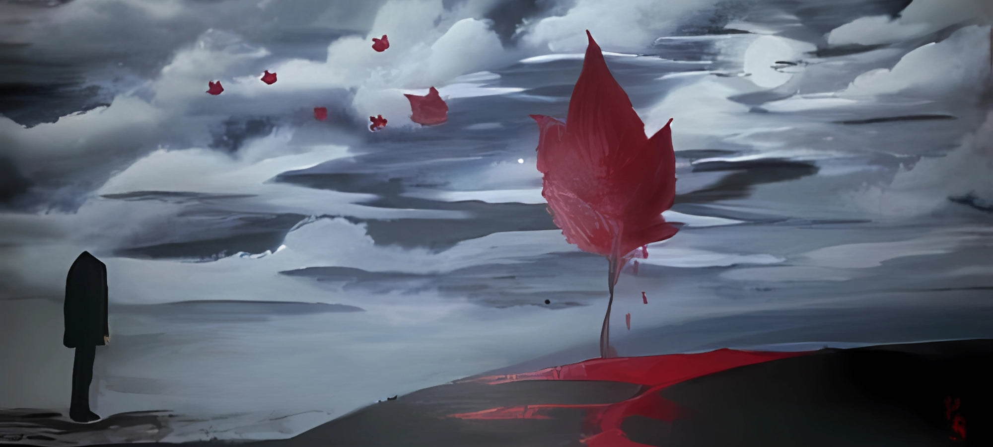 Abstraktes Gemälde in vorwiegend Grau- und Blautönen, das eine traumähnliche Landschaft darstellt. Ein einzelner, schwarzer Umriss einer Person steht links im Vordergrund und blickt auf einen einsamen, leuchtend roten Baum, der aus einem roten Fleck auf einem dunklen Hügel wächst. Mehrere rote Farbkleckse schweben wie Blätter im Hintergrund über einem wirbelnden, wolkenverhangenen Himmel.