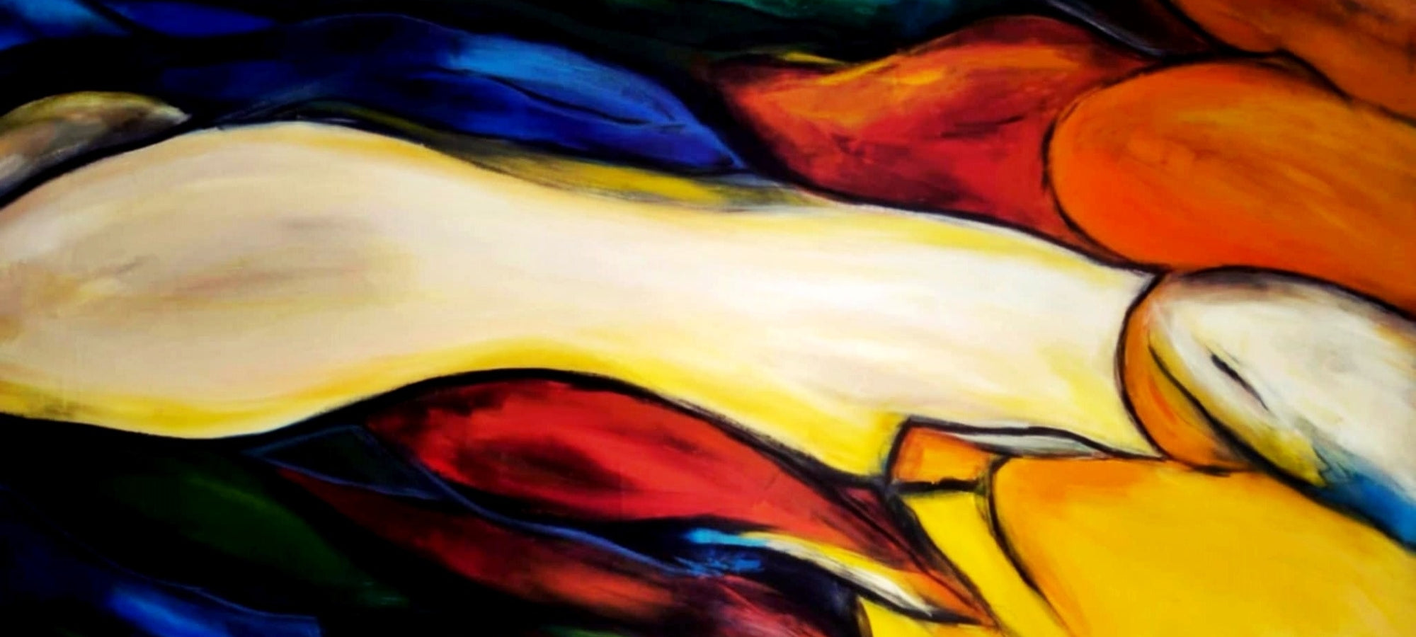 Abstraktes Gemälde mit geschwungenen Formen in Gelb, Rot, Blau und Weiß. Eine große, helle Form dominiert das Bild und wird von dunkleren Farben umrahmt. Kunstwerk der Wuppertaler Künstlerin Susanne Stepbach. Inhaberin der Galerie Paletti.