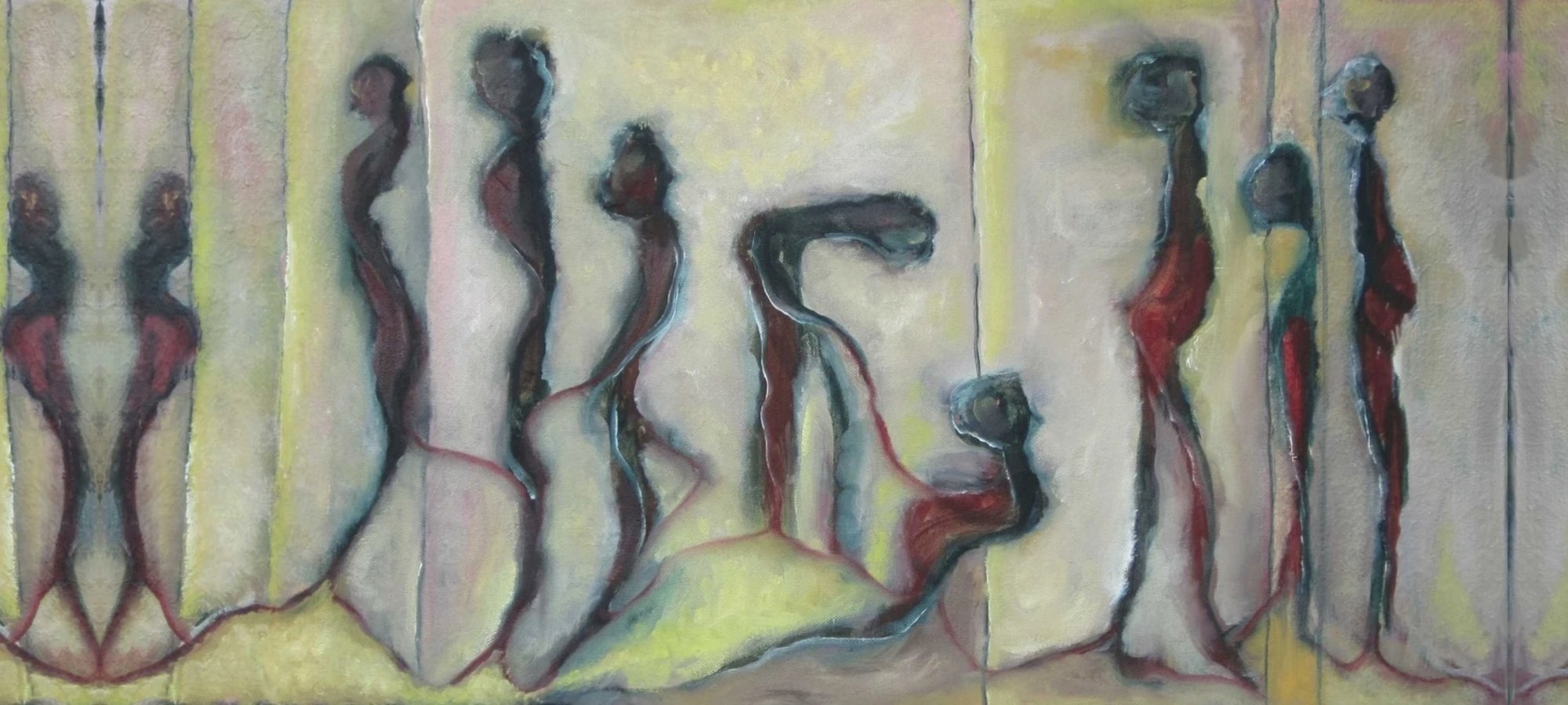 Ein eindrucksvolles abstraktes Gemälde von der Künstlerin Gabriele Springer bei FemArtSPACE, das eine Prozession von langgestreckten menschlichen Formen zeigt, die harmonisch über die Leinwand tanzen. Die subtile Interaktion von sanften Pastelltönen schafft eine traumhafte Atmosphäre, die die Betrachter einlädt, die Flüssigkeit und Anmut jeder Figur zu interpretieren. Dieses Kunstwerk fängt die Essenz von Bewegung und menschlicher Verbindung ein und ist eine faszinierende Ergänzung für jede Kunstsammlung.