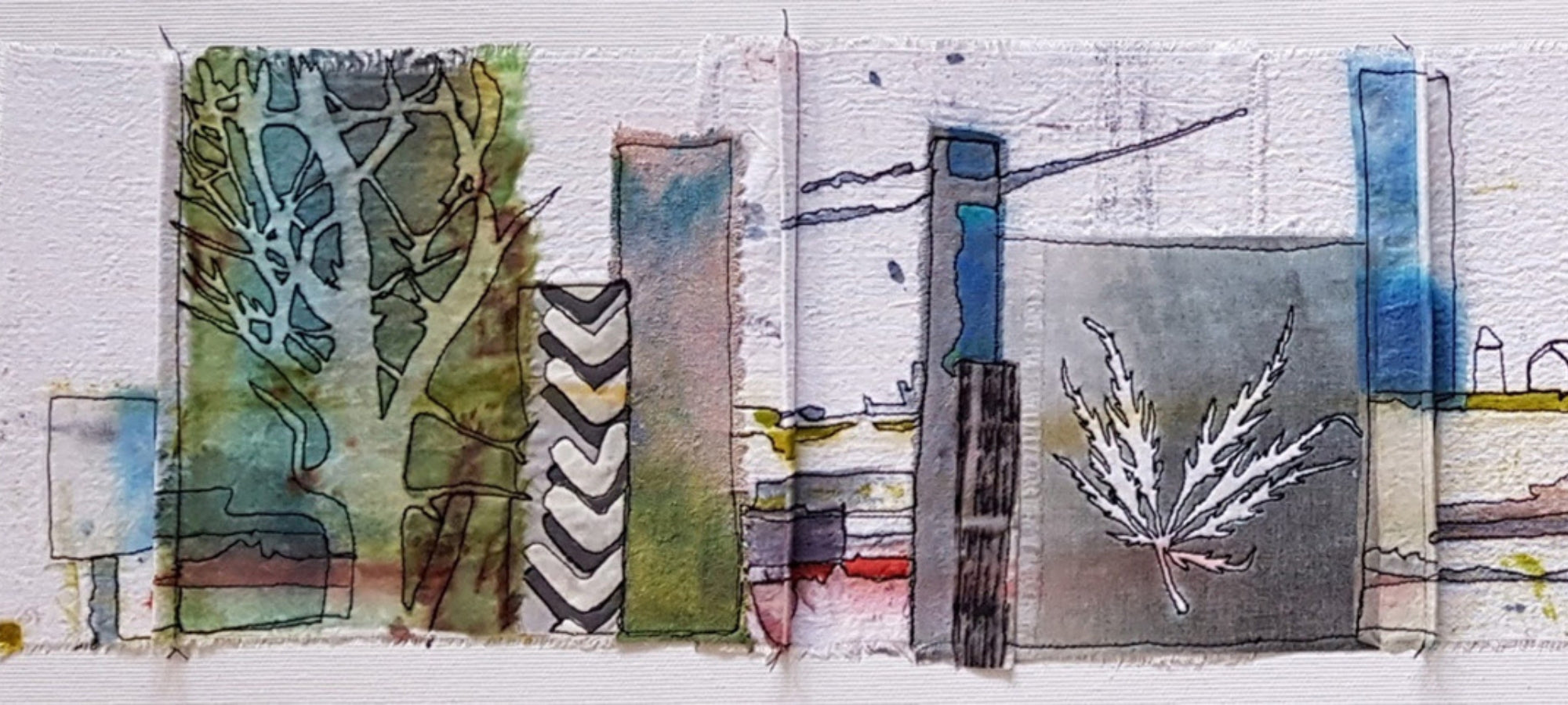 Textile Collagen von Monika Schiwy-Jessen ausf Stoff und Papier.
