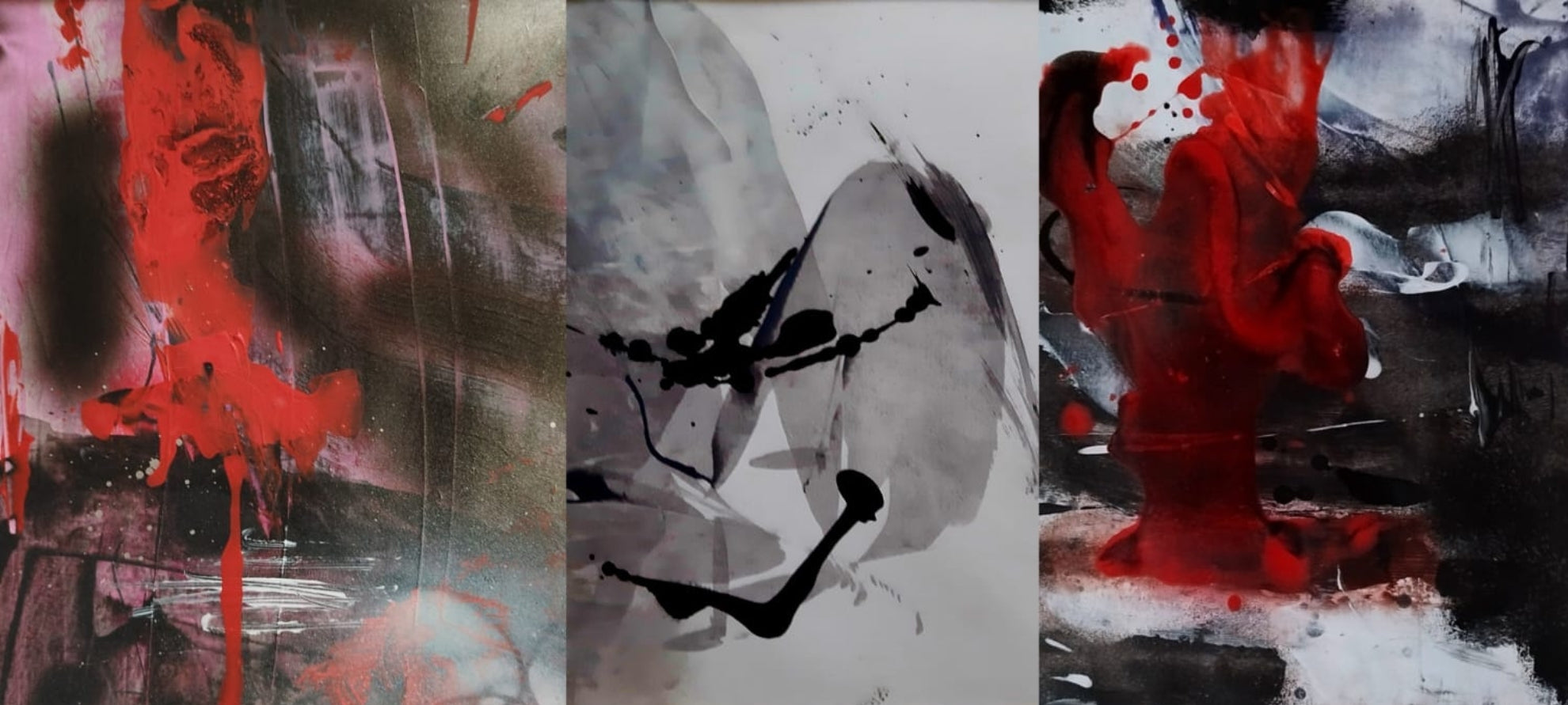 Collage mit drei abstrakten Gemälden von Olga Kühn. Links rote Farbflüsse auf dunklem Grund, mittig graue und schwarze dynamische Formen, rechts rote Farbe vermischt mit Schwarz und Weiß.
