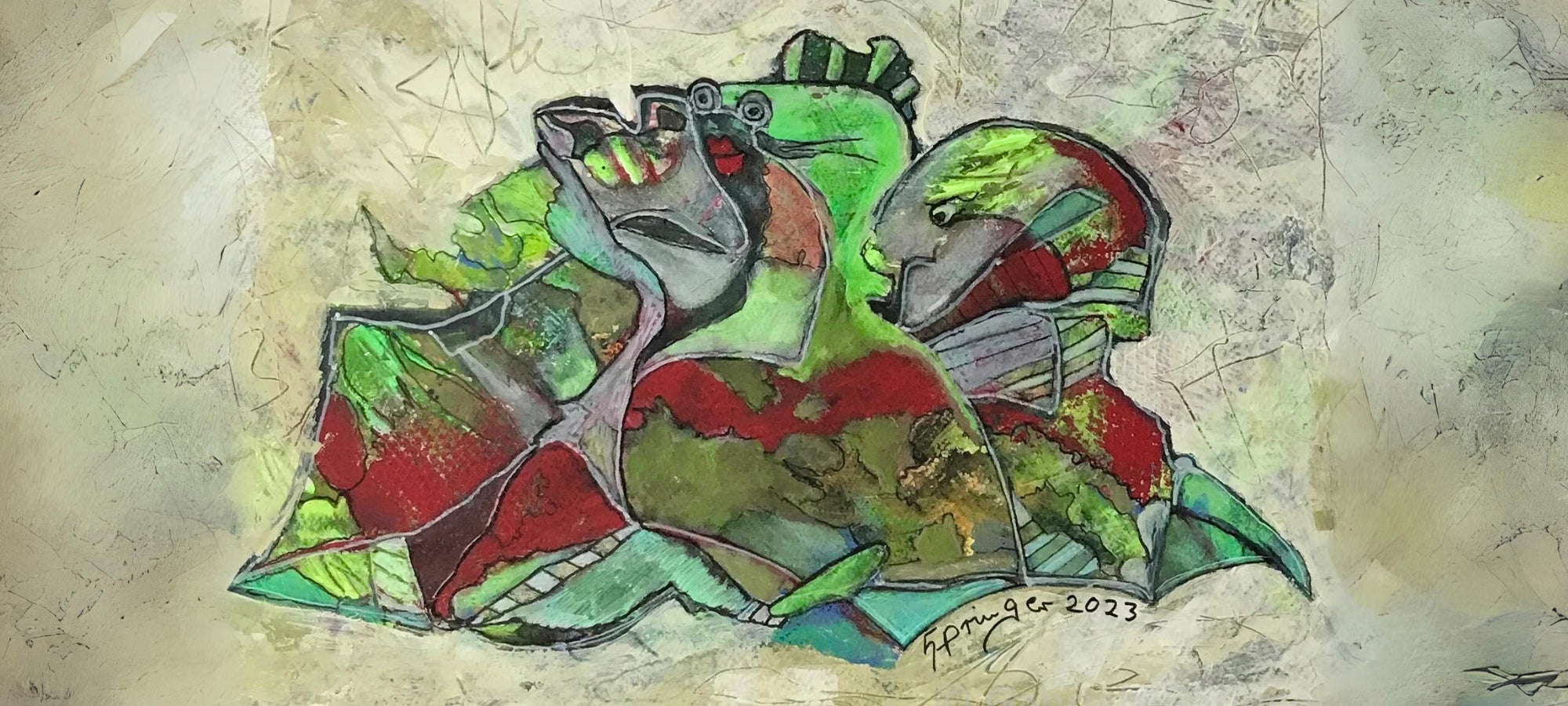 Abstraktes Kunstwerk von Gabriele Springer in Grün-, Rot- und Erdtönen. Organische Formen und dynamische Linien erzeugen Bewegung. Texturreich durch Mixed-Media-Techniken. Signatur “G.S.” und Jahr 2023 in der unteren rechten Ecke. Titelbild auf einer Unterseite von FemArtSPACE.