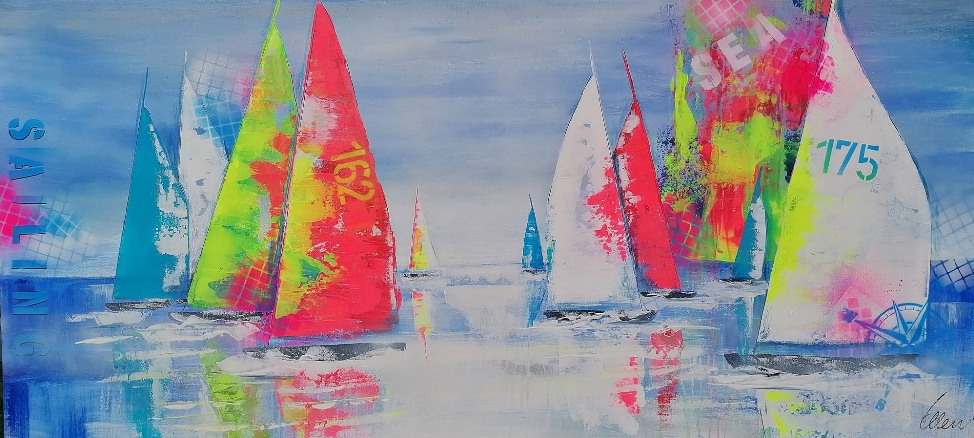 Abstrakte Segelboot-Malerei in leuchtenden Farben von Ellen Rethemeier - in der Online-Galerie von FEMARTSPACE.
Eine dynamische Acrylmalerei auf Leinwand, die die Energie eines Segelregattas in leuchtenden Farben einfängt. Expressive Pinselstriche und abstrakte Formen erzeugen eine lebendige und moderne Atmosphäre. Ein Kunstwerk, das die Freiheit und Freude des Segelns feiert.