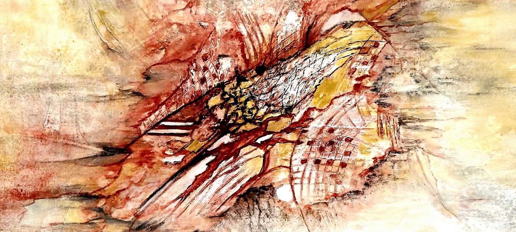 Ein abstraktes Gemälde in warmen Orangetönen von Ingrid Huober, Mitglied der Online-Galerie FemArtSPACE. Die Textur ist dick aufgetragen und zeigt Pinselstriche und Spachtelmasse. Weiße und rote Akzente durchziehen die Mitte des Bildes und bilden einen Kontrast zu den erdigen Tönen.