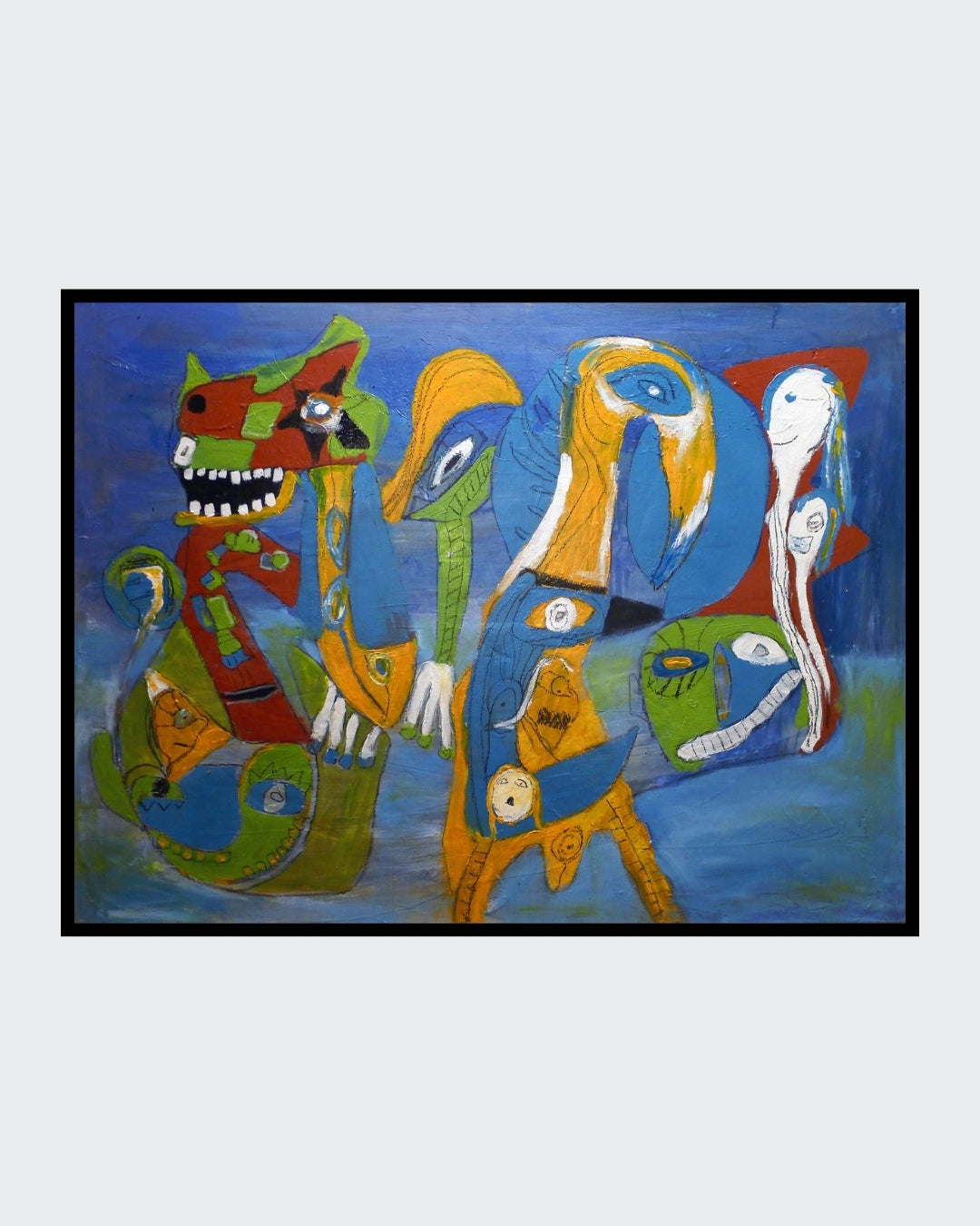 Abstraktes Gemälde „Future“ von Heidi Minetti (Mixed Media, 90 x 120 cm). Lebendige Farben und expressive Formen verschmelzen zu surrealen, figürlichen Wesen auf blauem Hintergrund. Dynamische Linien und Texturen erzeugen Tiefe und Bewegung. Präsentiert in der FEMARTSPACE Online-Galerie. Künstlerin: Heidi Minetti.