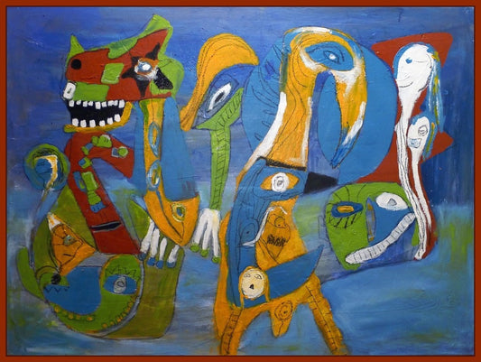 Abstraktes Gemälde „Future“ von Heidi Minetti (Mixed Media, 90 x 120 cm). Lebendige Farben und expressive Formen verschmelzen zu surrealen, figürlichen Wesen auf blauem Hintergrund. Dynamische Linien und Texturen erzeugen Tiefe und Bewegung. Präsentiert in der FEMARTSPACE Online-Galerie. Künstlerin: Heidi Minetti.