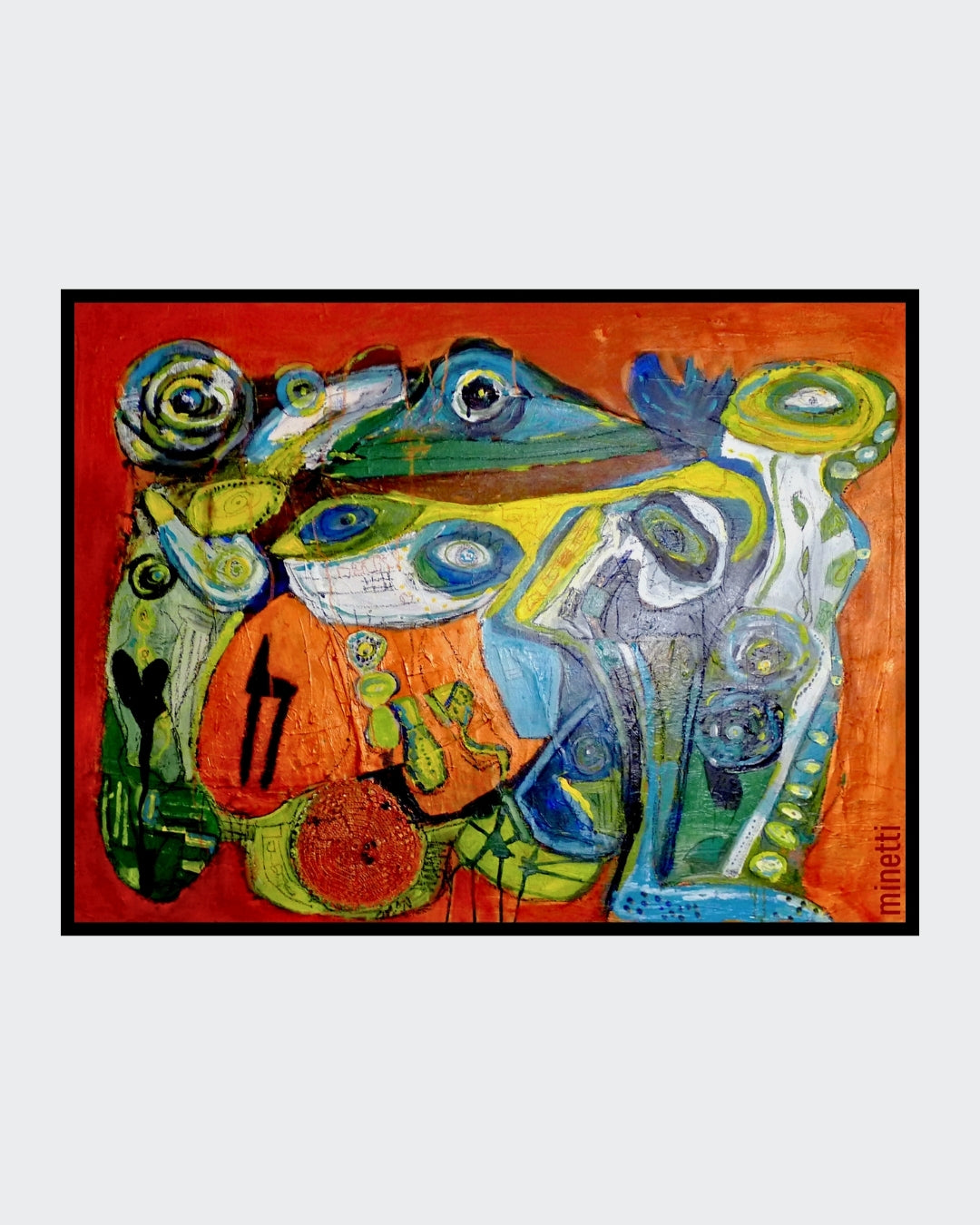 Abstraktes Gemälde „Fragmenter 1“ von Heidi Minetti (Mixed Media / Acryl, 90 x 120 cm). Organische Formen, strukturierte Flächen und leuchtende Farben vereinen sich zu einer dynamischen Komposition auf warmem, erdigen Hintergrund. Detailreiche Muster und expressive Linienführung erzeugen Tiefe und Bewegung. Präsentiert in der FEMARTSPACE Online-Galerie.