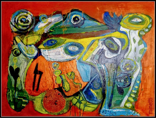 Abstraktes Gemälde „Fragmenter 1“ von Heidi Minetti (Mixed Media / Acryl, 90 x 120 cm). Organische Formen, strukturierte Flächen und leuchtende Farben vereinen sich zu einer dynamischen Komposition auf warmem, erdigen Hintergrund. Detailreiche Muster und expressive Linienführung erzeugen Tiefe und Bewegung. Präsentiert in der FEMARTSPACE Online-Galerie.