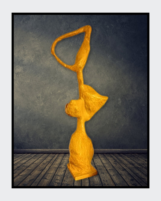 Skulptur „Schicksal in Bewegung“ von Heidi Minetti. 170 cm hohe, 70 cm breite gelbe Skulptur mit geschwungenen, organischen Formen. Ausdruck von Dynamik, Veränderung und Transformation. Die elegante Silhouette und die lebendige Farbgebung verleihen der Figur eine kraftvolle Präsenz.