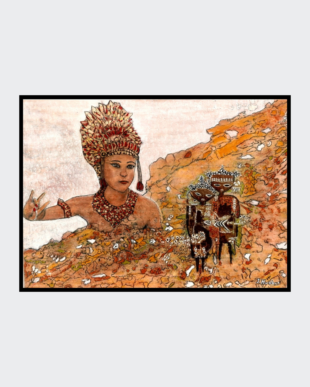 Ein Gemälde der Künstlerin Ingrid Huober, ausgestellt in der Online-Galerie FemArtSPACE, zeigt eine Frau mit aufwendigem Kopfschmuck und Schmuck, die eine balinesische Puppenspielerin darstellt. Sie gestikuliert mit der Hand, während hinter ihr drei stilisierte Figuren stehen, die an traditionelle balinesische Puppen erinnern. Der Hintergrund ist in warmen Erdtönen gehalten.