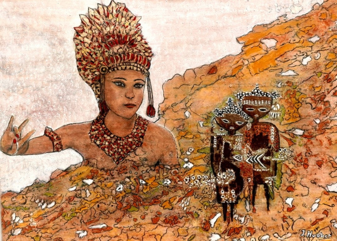 Ein Gemälde der Künstlerin Ingrid Huober, ausgestellt in der Online-Galerie FemArtSPACE, zeigt eine Frau mit aufwendigem Kopfschmuck und Schmuck, die eine balinesische Puppenspielerin darstellt. Sie gestikuliert mit der Hand, während hinter ihr drei stilisierte Figuren stehen, die an traditionelle balinesische Puppen erinnern. Der Hintergrund ist in warmen Erdtönen gehalten.