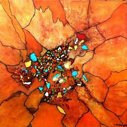 Kaleidoskop von Ingrid Huober. Abstraktes Acrylgemälde in leuchtendem Orange, das eine zentral fragmentierte Gesteinsformation zeigt.