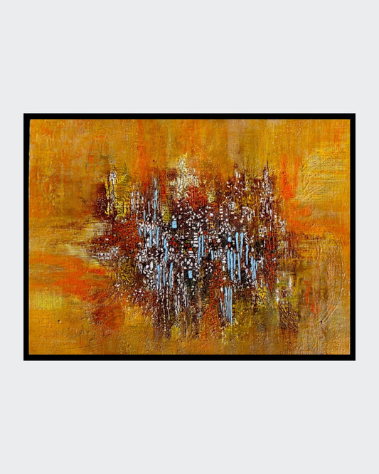 "Bunte Vielfalt" von Ingrid Huober, ein abstraktes Gemälde in warmen Gelb- und Orangetönen, präsentiert eine dynamische Komposition aus Pinselstrichen, Texturen und Linien in Braun, Weiß und Blau. Der zentrale Fokus auf dem goldenen Hintergrund zieht den Betrachter in seinen Bann. Kunstwerk in der Online-Galerie FemArtSPACE.