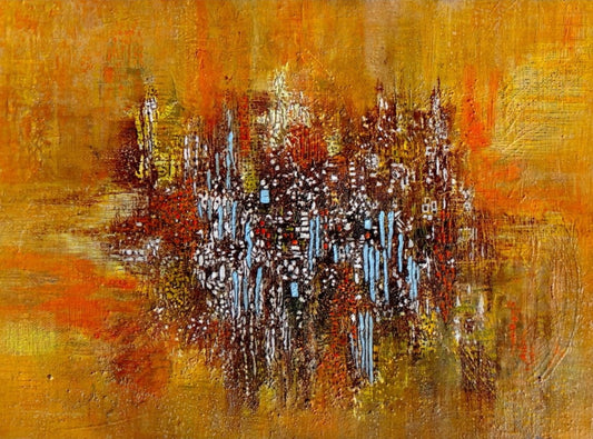 "Bunte Vielfalt" von Ingrid Huober, ein abstraktes Gemälde in warmen Gelb- und Orangetönen, präsentiert eine dynamische Komposition aus Pinselstrichen, Texturen und Linien in Braun, Weiß und Blau. Der zentrale Fokus auf dem goldenen Hintergrund zieht den Betrachter in seinen Bann. Kunstwerk in der Online-Galerie FemArtSPACE.