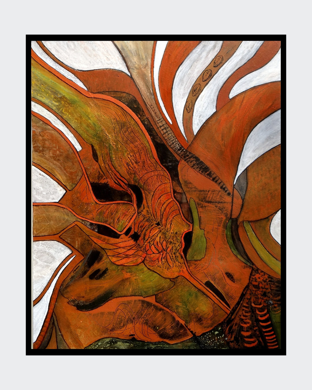 "Stürmische Zeiten" von Ingrid Huober, präsentiert in der Online-Galerie FemArtSPACE. Das abstrakte Kunstwerk in Mischtechnik (100x80 cm) zeigt dynamische, organische Formen in warmen Erdtönen, die Bewegung und Energie vermitteln.