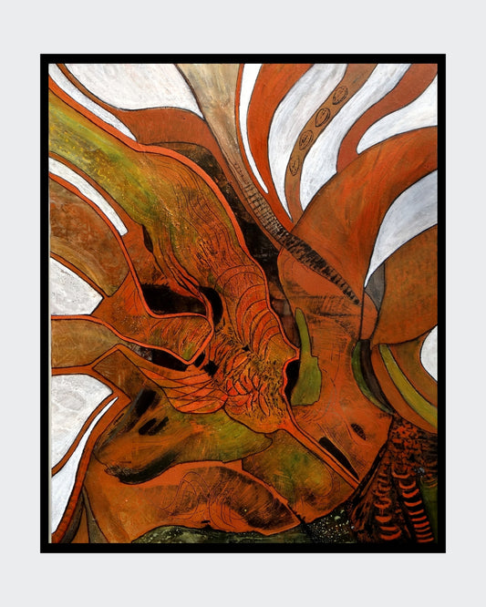 "Stürmische Zeiten" von Ingrid Huober, präsentiert in der Online-Galerie FemArtSPACE. Das abstrakte Kunstwerk in Mischtechnik (100x80 cm) zeigt dynamische, organische Formen in warmen Erdtönen, die Bewegung und Energie vermitteln.