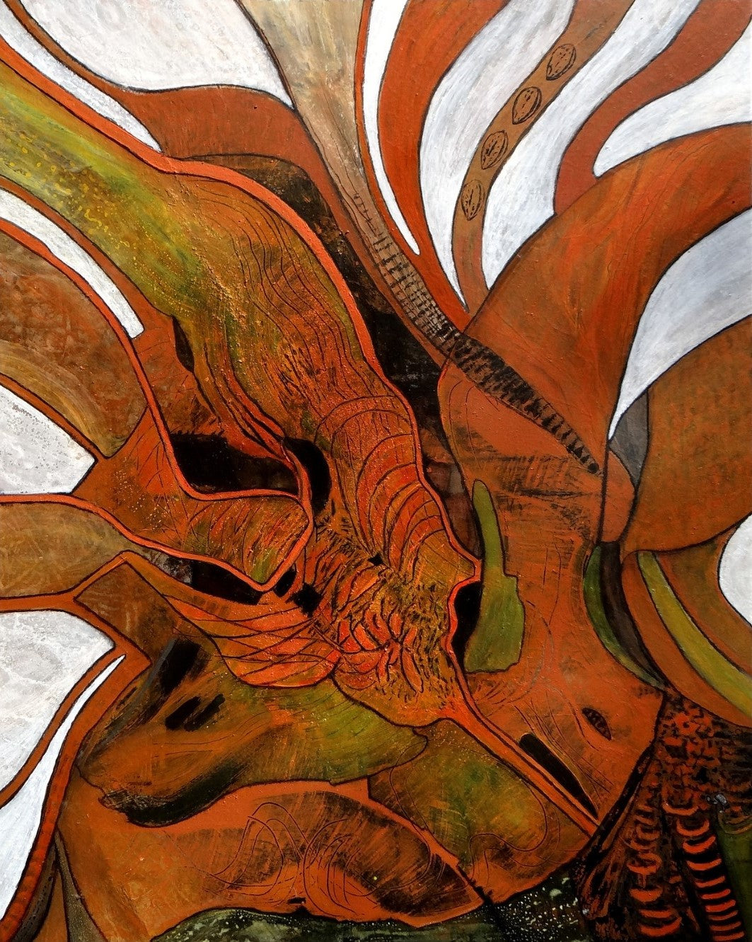 "Stürmische Zeiten" von Ingrid Huober, präsentiert in der Online-Galerie FemArtSPACE. Das abstrakte Kunstwerk in Mischtechnik (100x80 cm) zeigt dynamische, organische Formen in warmen Erdtönen, die Bewegung und Energie vermitteln.