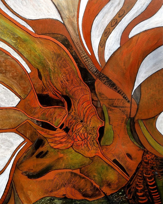 "Stürmische Zeiten" von Ingrid Huober, präsentiert in der Online-Galerie FemArtSPACE. Das abstrakte Kunstwerk in Mischtechnik (100x80 cm) zeigt dynamische, organische Formen in warmen Erdtönen, die Bewegung und Energie vermitteln.