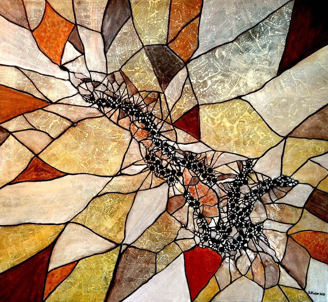Abstraktes Kunstwerk von Ingrid Huober im Tiffany-Stil. Die Komposition besteht aus mosaikartigen Formen in warmen Erdtönen – Beige, Braun, Ocker und Rot – mit schwarzen, netzartigen Elementen in der Mitte. Die Acryl-Mischtechnik erzeugt eine strukturierte, fast glasartige Oberfläche.