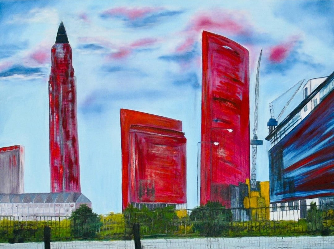 Ölgemälde "Frankfurt am Main" von Kaja Schäfer. Die Skyline der Stadt ist in leuchtenden Farben und dynamischen Pinselstrichen dargestellt.