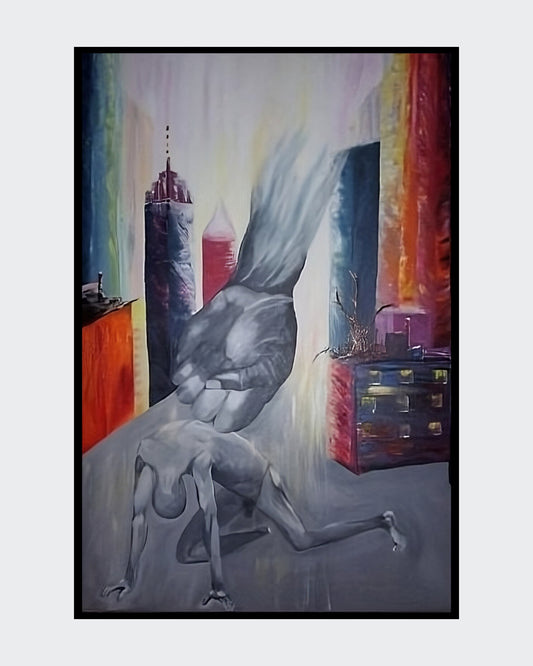 Ölgemälde von Kaja Schäfer, 'Gegen Ausbeutung und Unterdrückung', zeigt eine große Hand, die eine kleine, knieende Figur zerquetscht. Die Komposition ist in gedämpften Farben gehalten und symbolisiert die brutale Realität von Unterdrückung und Ausbeutung.