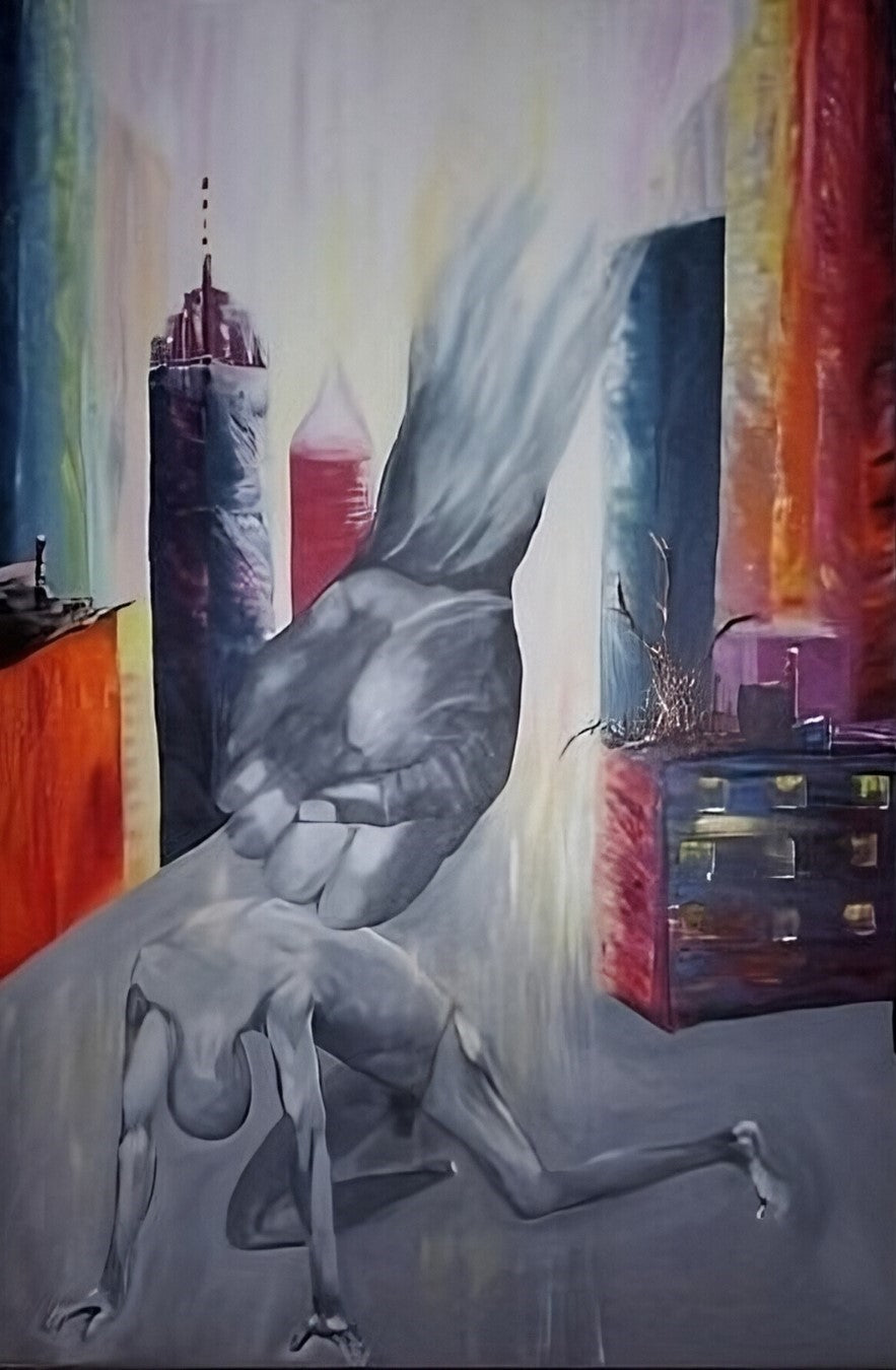 Ölgemälde von Kaja Schäfer, 'Gegen Ausbeutung und Unterdrückung', zeigt eine große Hand, die eine kleine, knieende Figur zerquetscht. Die Komposition ist in gedämpften Farben gehalten und symbolisiert die brutale Realität von Unterdrückung und Ausbeutung.