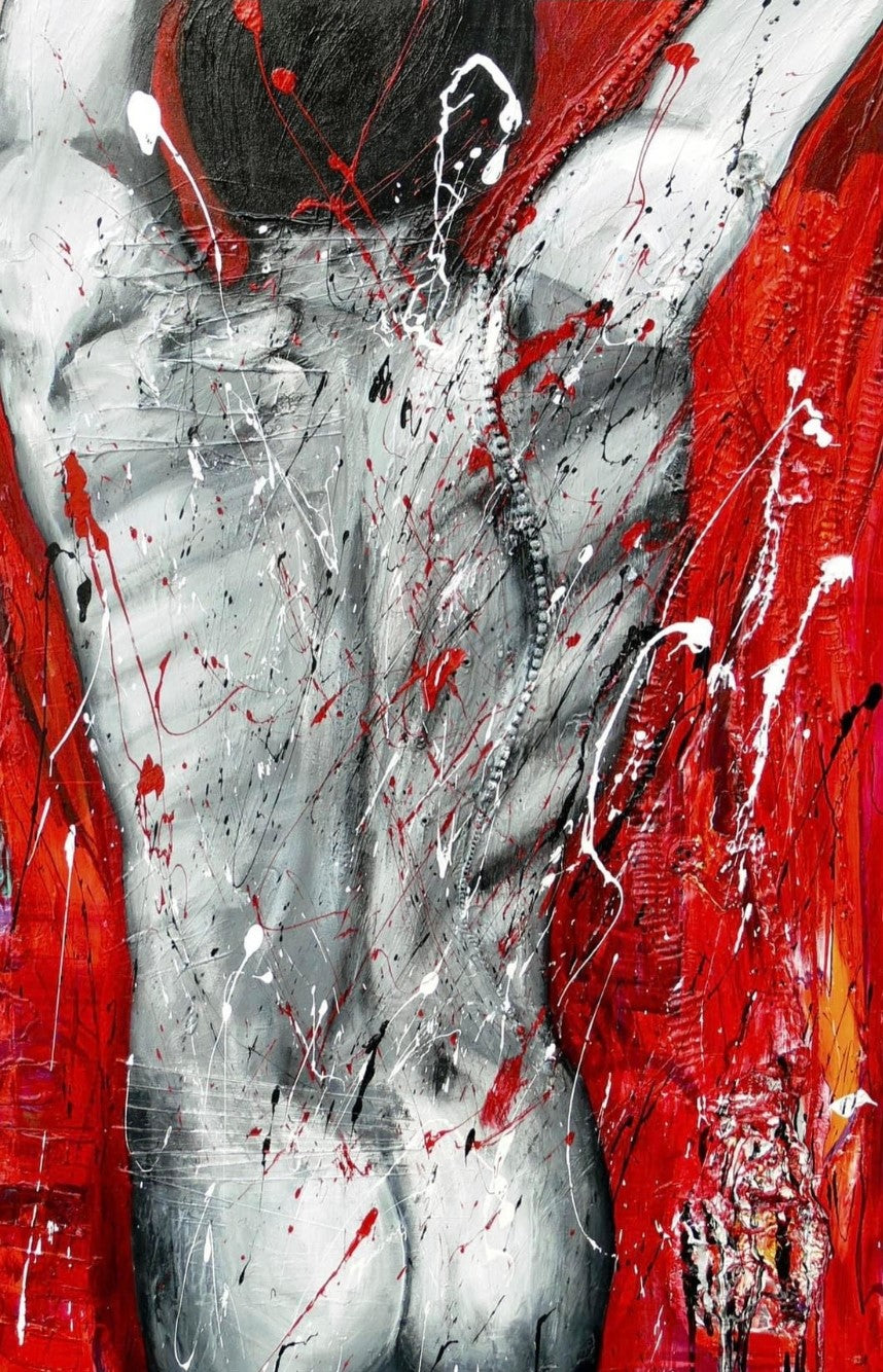 Abstraktes Gemälde "Stark" von Kaja Schäfer. Öl auf Leinwand, 160x90 cm. Mischtechnik mit Acryl, Spachtelmasse und Metall. Dynamische Komposition mit starken Farben und Texturen.