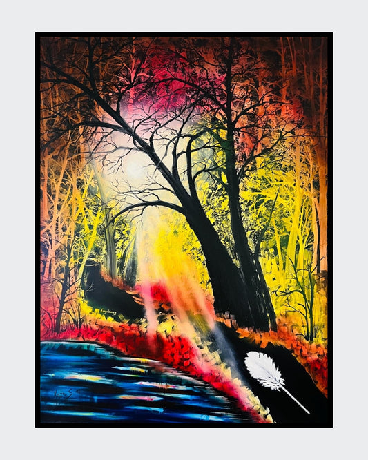 Ölgemälde "Engelsweg im Wald" von Kaja Schäfer zeigt einen schmalen Weg durch einen dichten Wald, der von Sonnenlicht durchflutet wird.