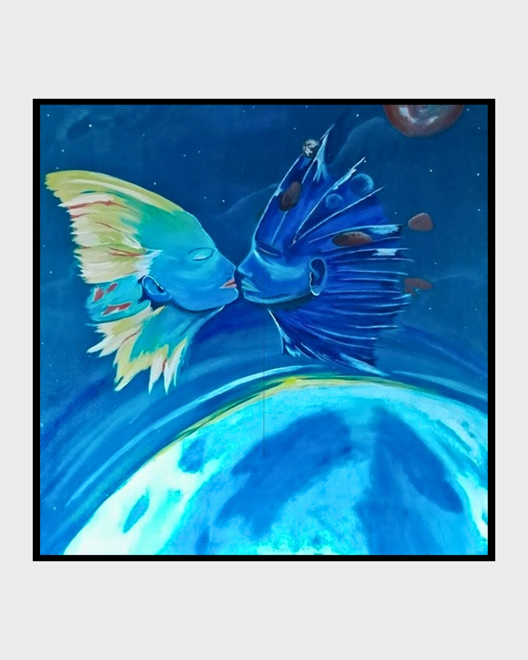 "Göttliches Liebesgeflüster" von Petra Bigeschke, ein Acrylgemälde auf Leinwand im Format 100x100 cm. Das Werk zeigt in leuchtenden Farben zwei Figuren, die sich ineinander verschmelzen und von oben geführt werden.